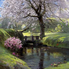 Tranquil landscape with wooden bridge, river, blossoming trees, hills, and fisherman