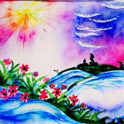 Colorful watercolor painting of pink blossoms on blue hills with red and purple splashes