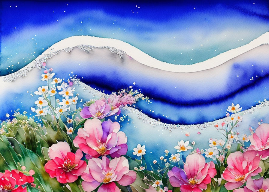 Colorful Watercolor Painting: Pink Blossoms with Blue and White Background