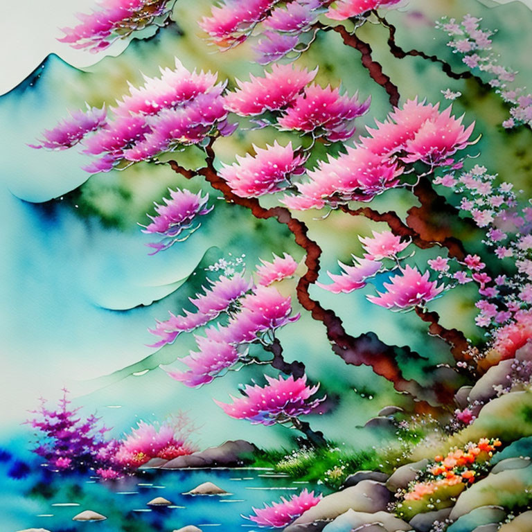 Colorful watercolor painting of blossoming tree, misty mountain, and tranquil stream.