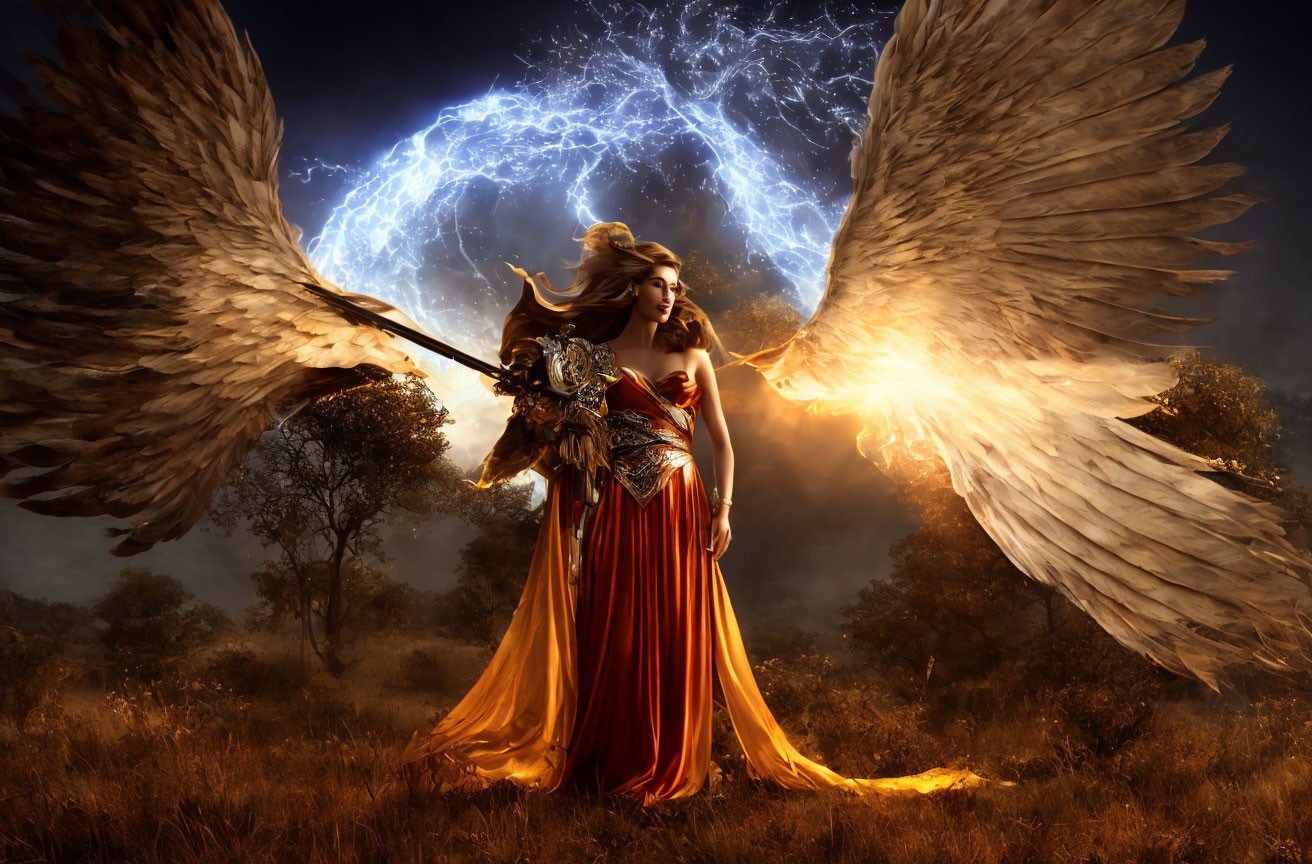 Majestic angelic figure with large wings in stormy sky.