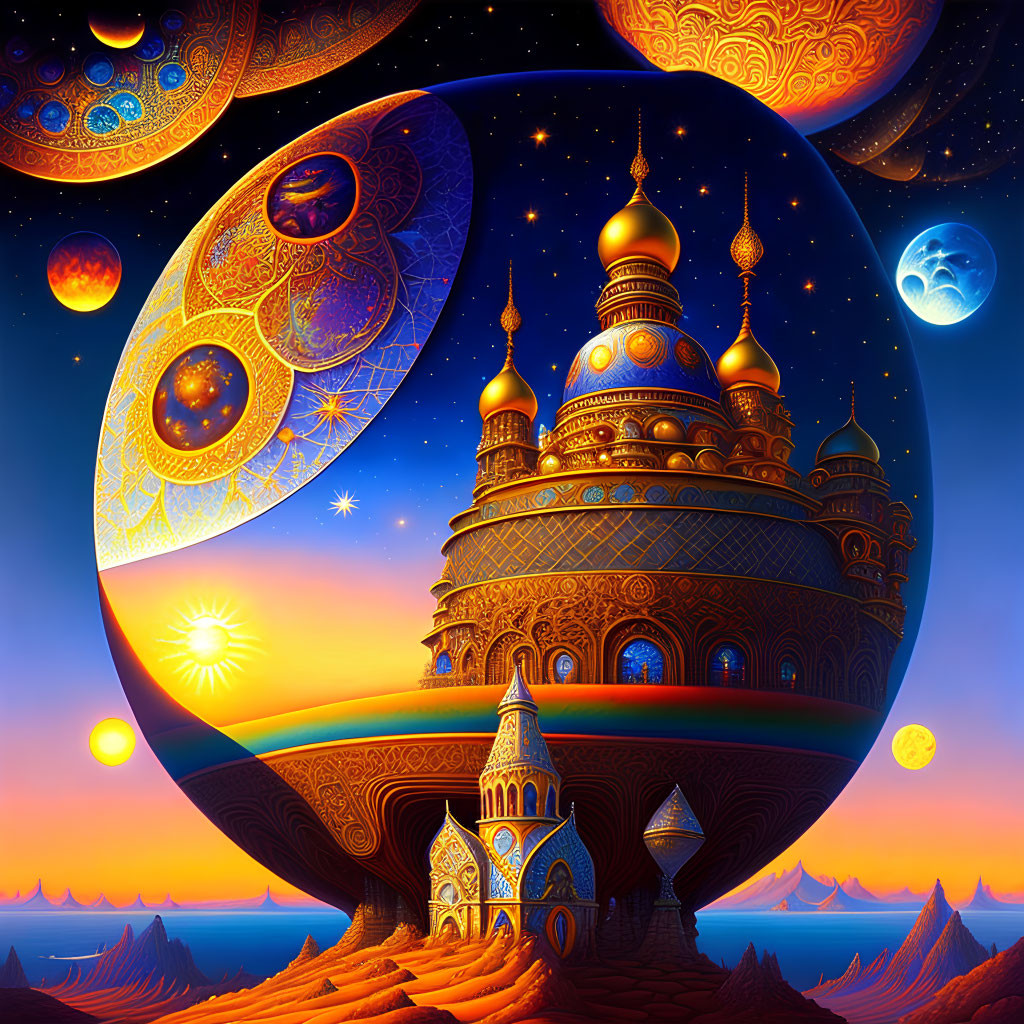 Fantasy landscape with golden palace, rainbow bridge, celestial bodies