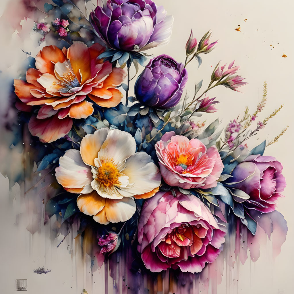 Colorful Watercolor Painting of Assorted Flowers in Purple, Pink, and Orange