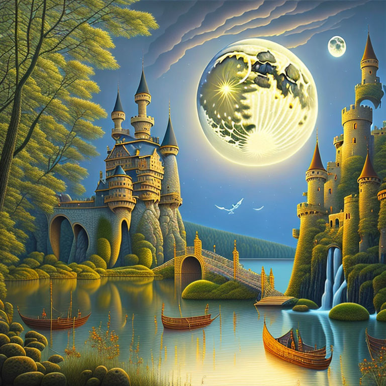 Moonlit fantasy castle beside lake with full moon and lush greenery.