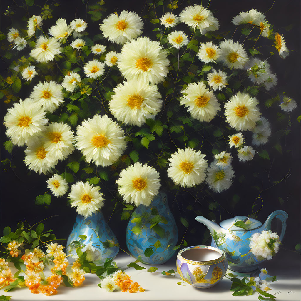 White and Yellow Flowers in Blue Vases Still Life Painting on Dark Background