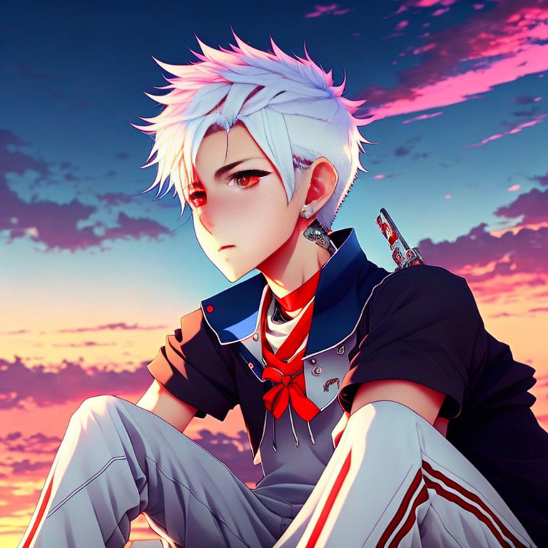 White-Haired Animated Character in Futuristic Outfit Against Pink and Blue Sky