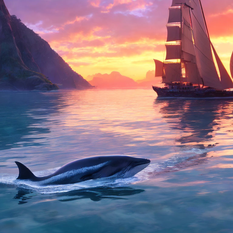 Whale surfacing in tranquil sea at sunset with sailboats and colorful skies.