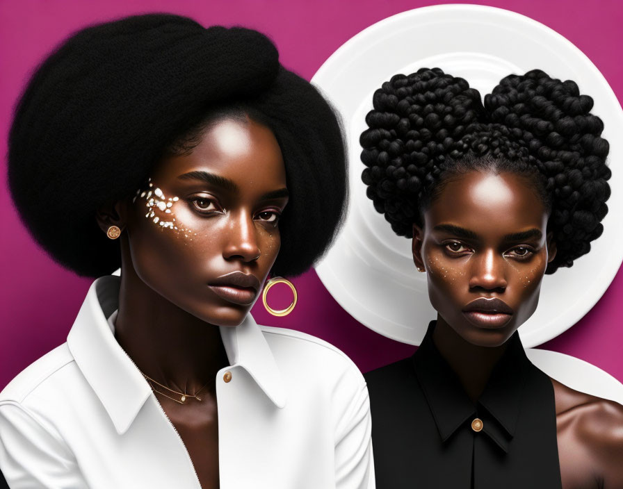 Two women showcase striking hairstyles on pink background: smooth, rounded afro with golden facial jewelry, and