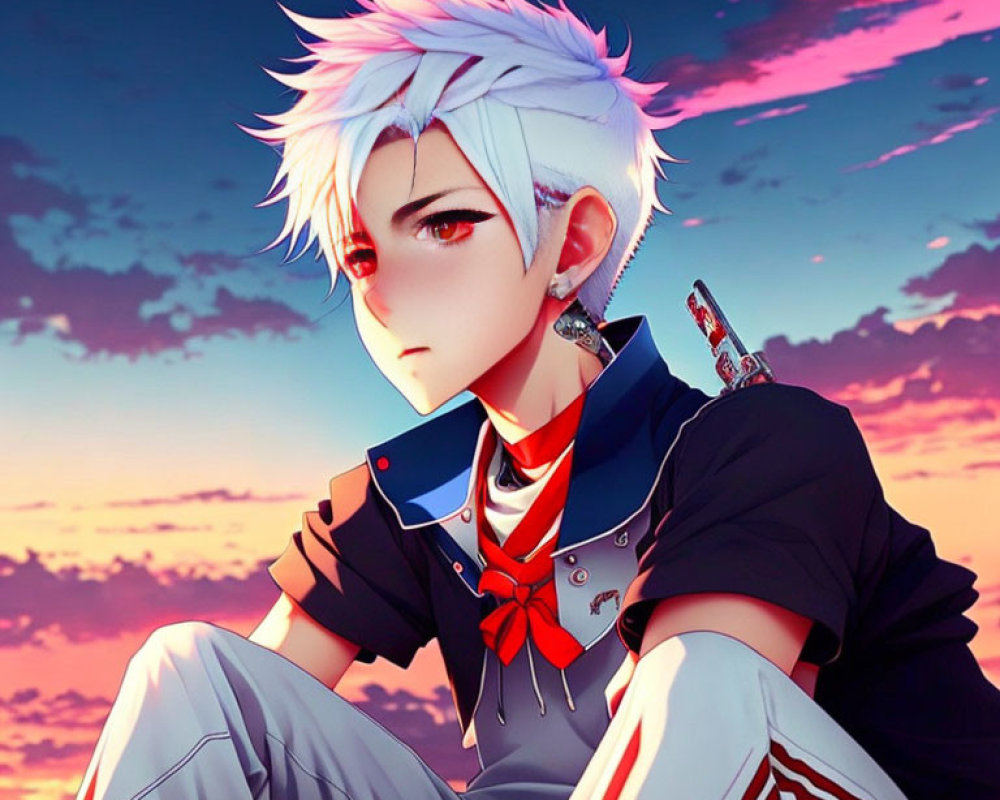 White-Haired Animated Character in Futuristic Outfit Against Pink and Blue Sky