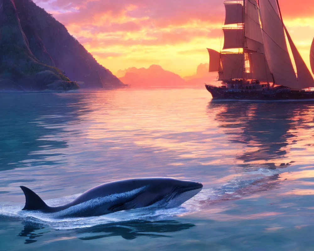 Whale surfacing in tranquil sea at sunset with sailboats and colorful skies.