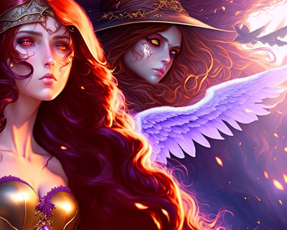 Fantasy women with vibrant red hair and ornate clothing in fiery magical setting