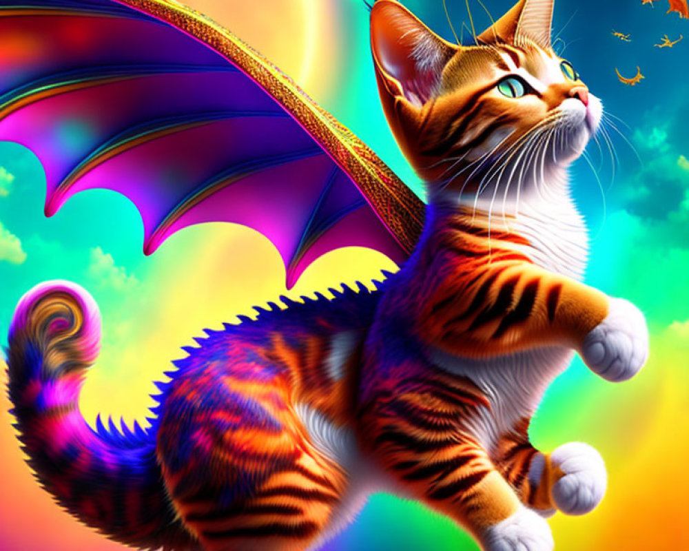 Colorful Fantasy Image: Orange-Striped Cat with Dragon Wings and Tail