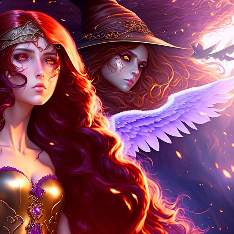 Fantasy women with vibrant red hair and ornate clothing in fiery magical setting