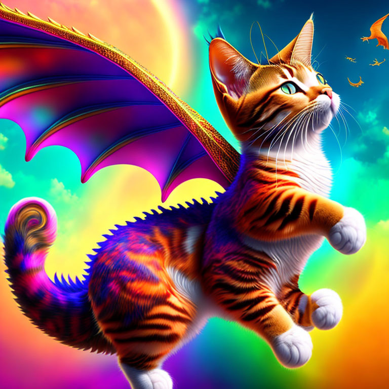 Colorful Fantasy Image: Orange-Striped Cat with Dragon Wings and Tail