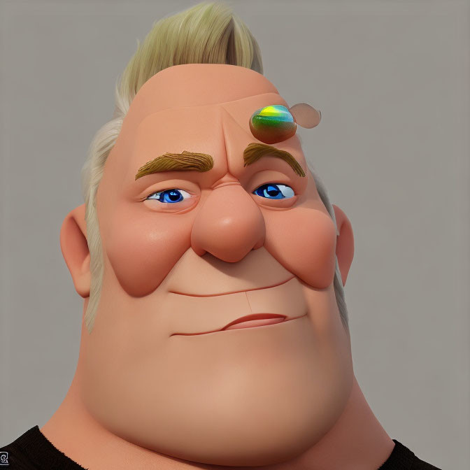 Smiling male character with blond hair and blue eyes in 3D render