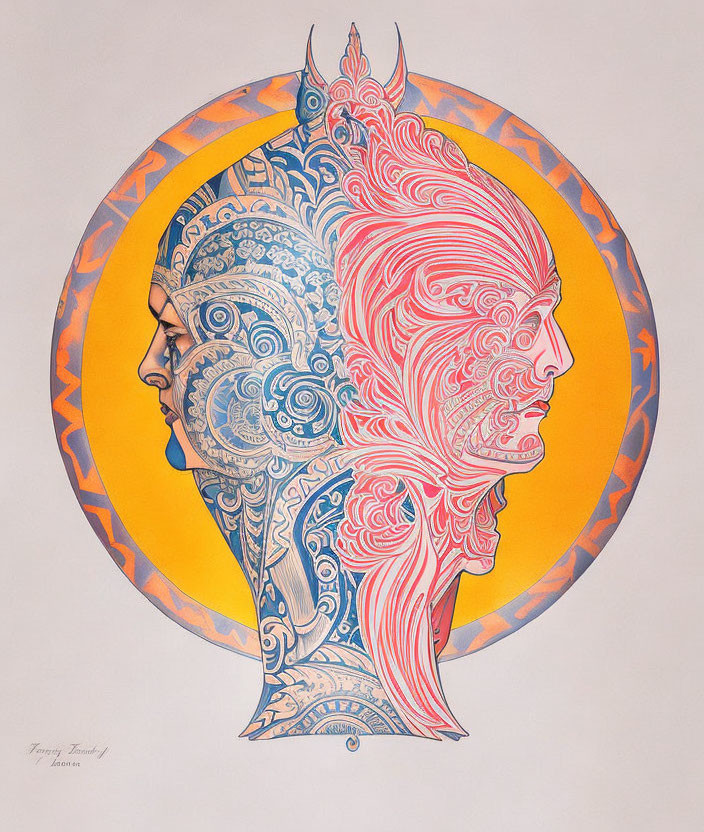 Stylized dual faces in blue and orange against circular backdrop