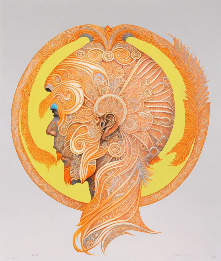 Symmetrical Woman's Face Artwork with Orange Patterns on Pale Background