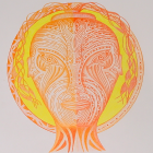 Symmetrical Woman's Face Artwork with Orange Patterns on Pale Background