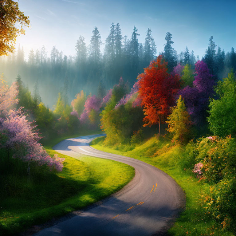 Scenic winding road in vibrant, multi-colored forest