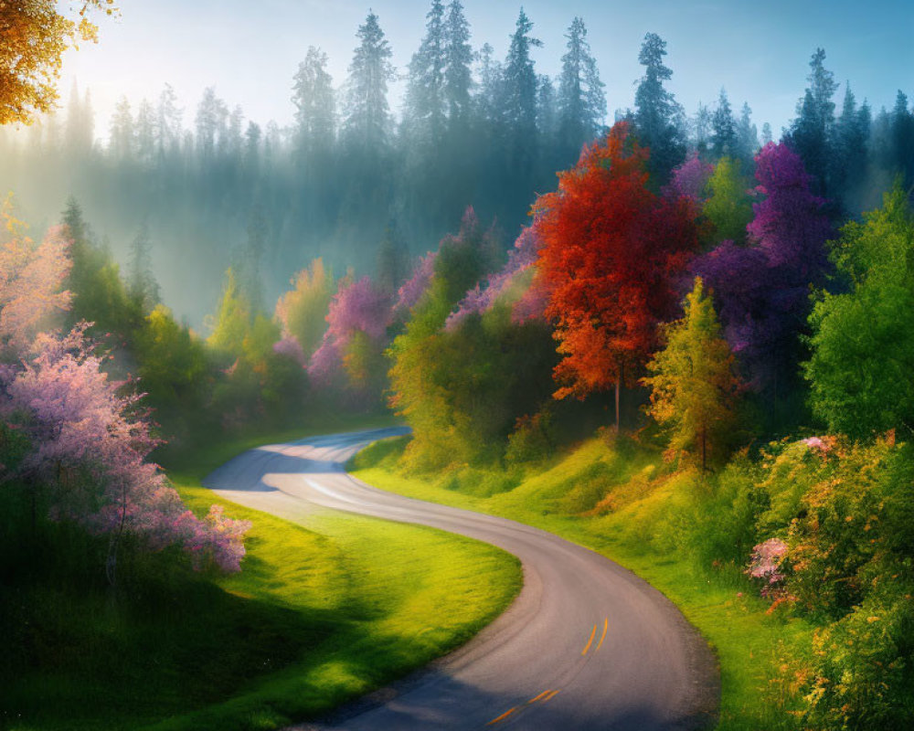 Scenic winding road in vibrant, multi-colored forest