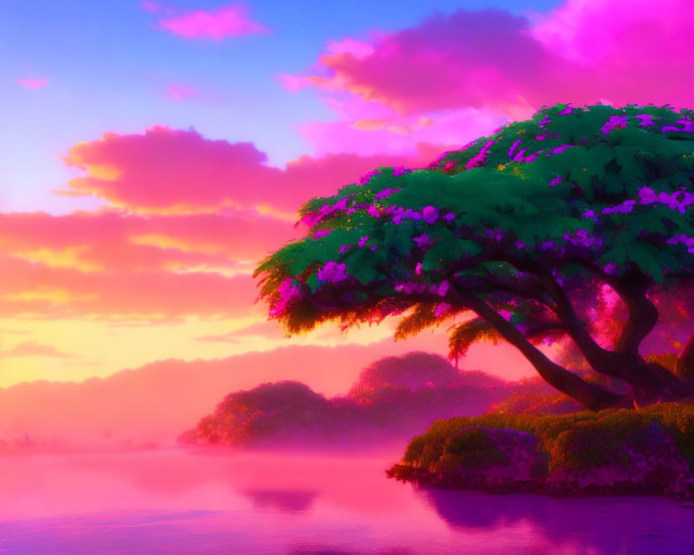 Lush tree under pink and purple sunset sky reflected on misty water