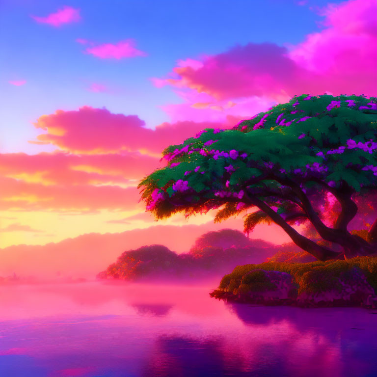 Lush tree under pink and purple sunset sky reflected on misty water