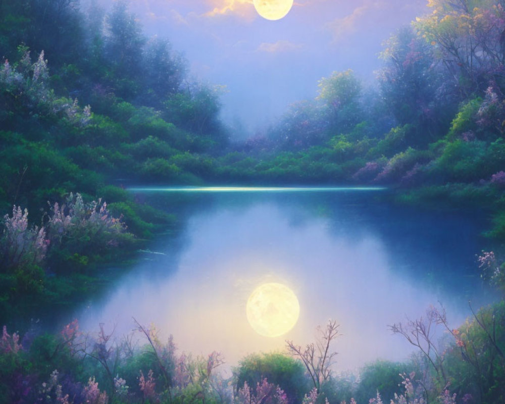 Tranquil full moon landscape with blooming flora