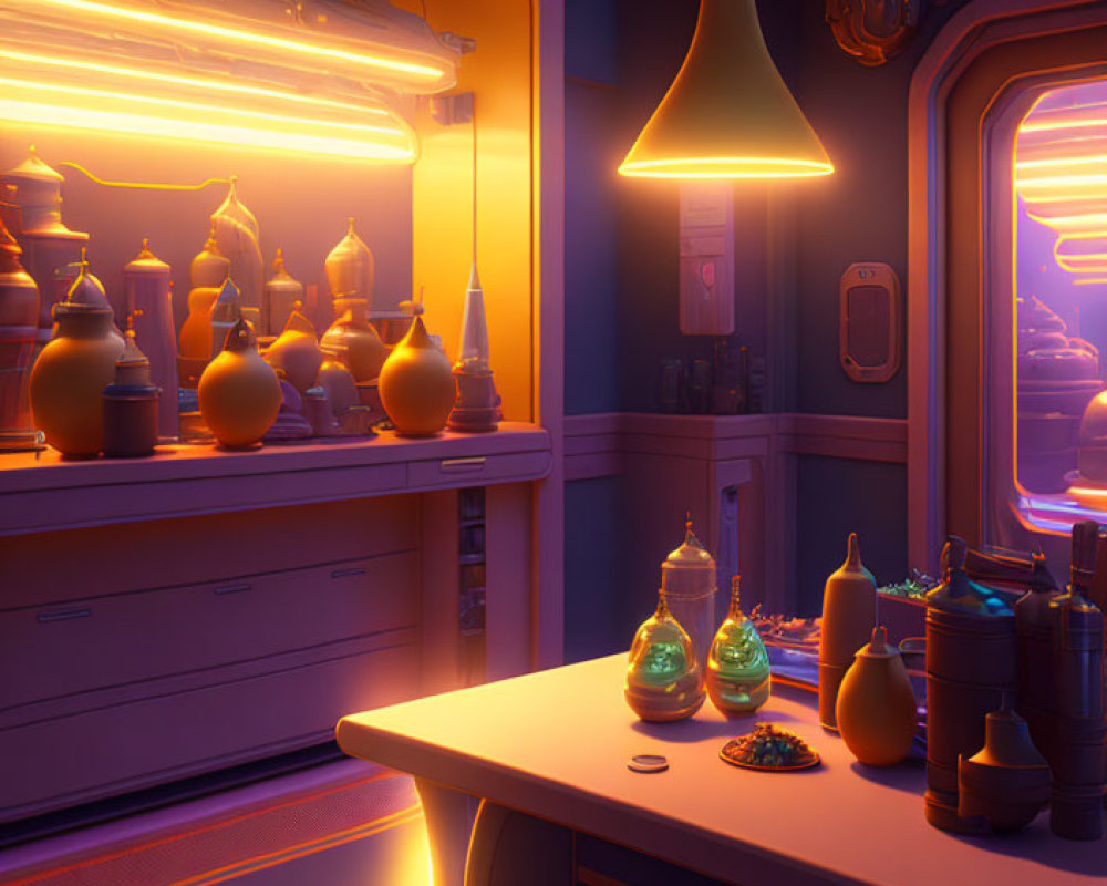 Warmly lit room with shelves of pots and table of glassware and trinkets