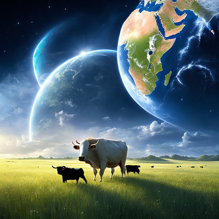 Surreal grassy field with cows, Earth-like planet, and two moons in daytime sky