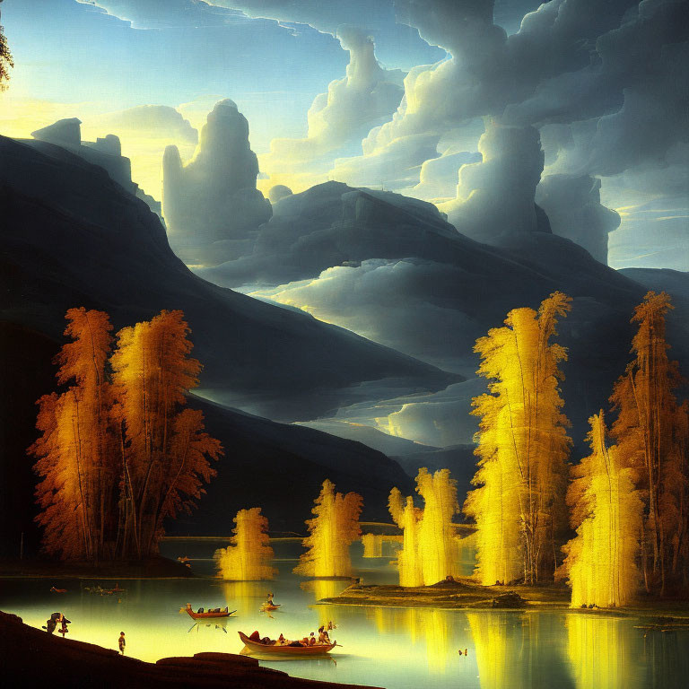 Scenic painting of serene lake, golden trees, mountains, and boats