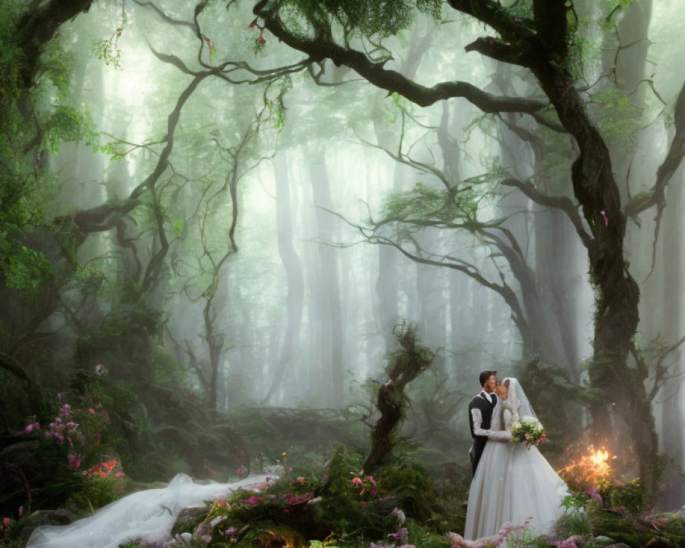 Wedding couple embraces in mystical, foggy forest with lush greenery