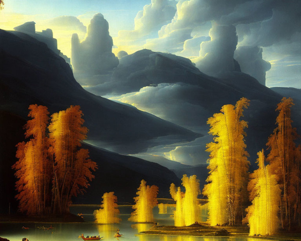 Scenic painting of serene lake, golden trees, mountains, and boats