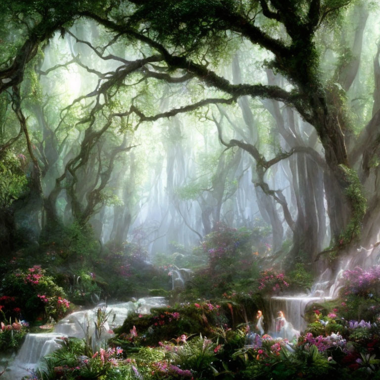 Serene forest landscape with sunlight, stream, waterfalls, and blooming flowers