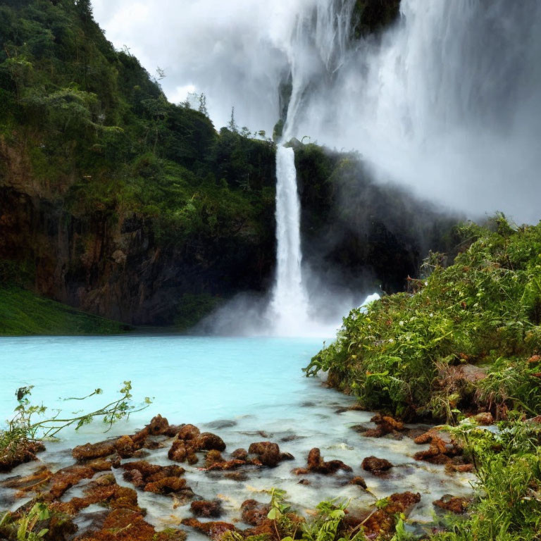 Majestic waterfall flowing into turquoise pool amidst lush greenery