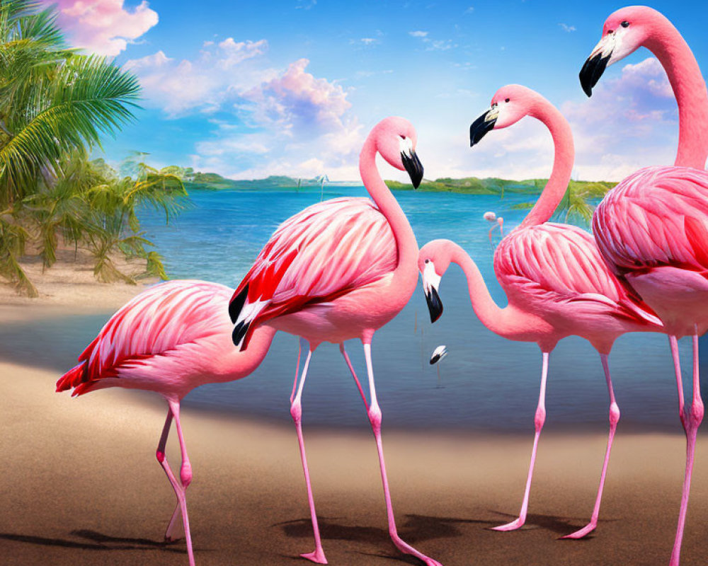 Pink flamingos on sandy beach with palm trees and blue sky