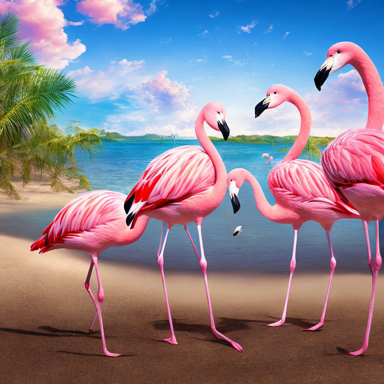 Pink flamingos on sandy beach with palm trees and blue sky