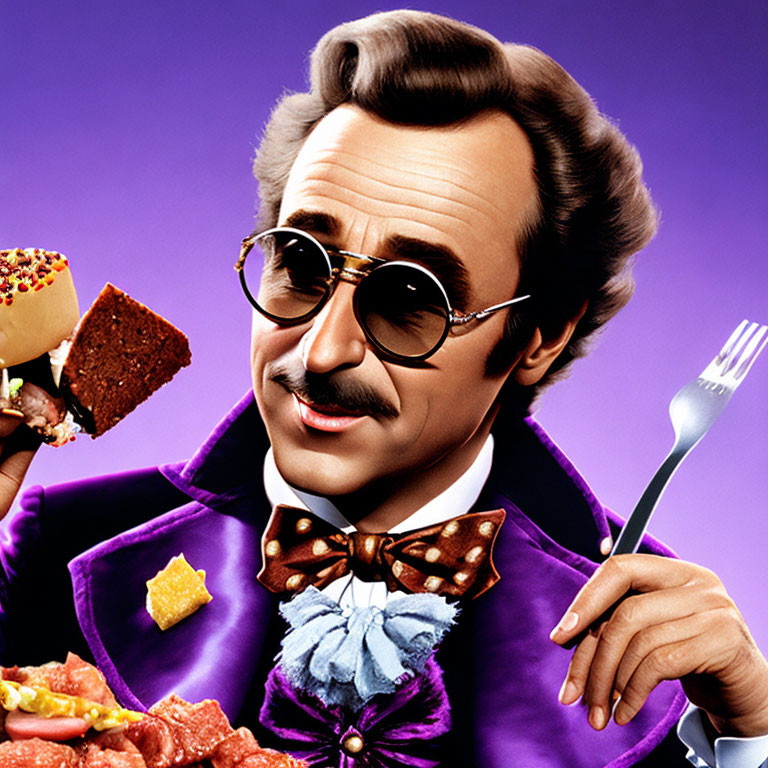 Stylized man in purple suit with cake and snacks in artwork