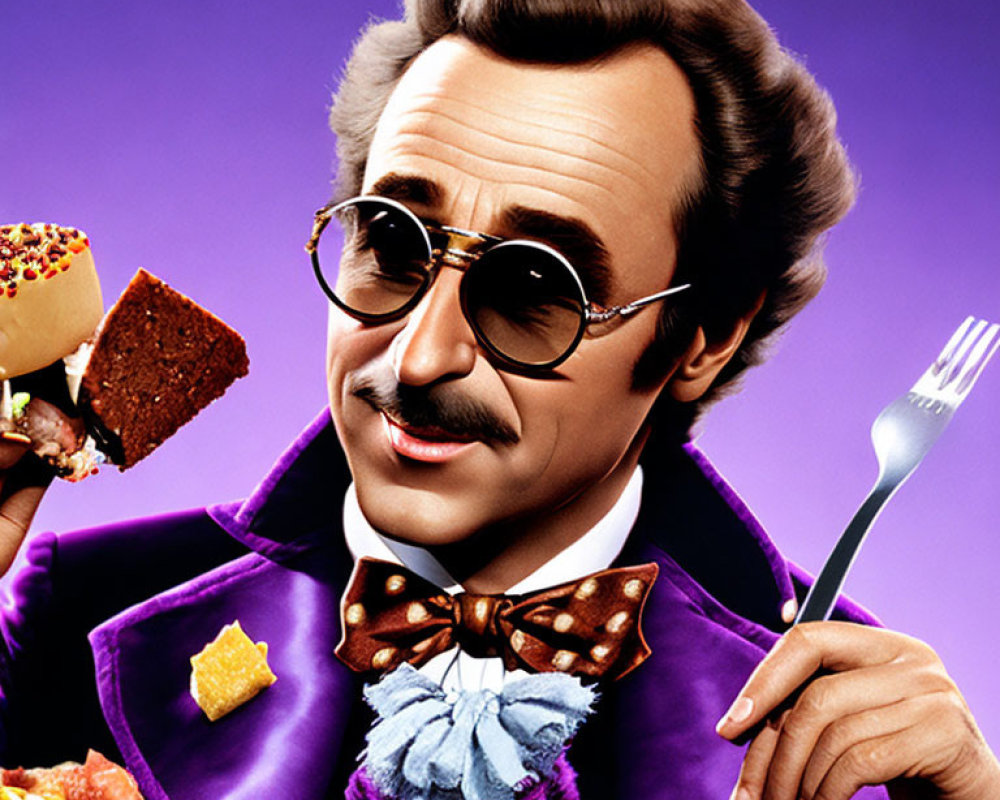 Stylized man in purple suit with cake and snacks in artwork
