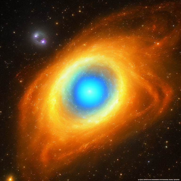 Colorful astronomical image with blue core and orange rings, showing galaxy.