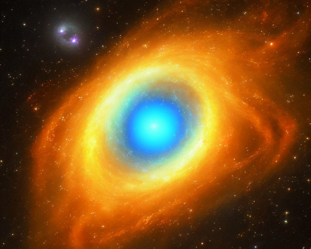 Colorful astronomical image with blue core and orange rings, showing galaxy.