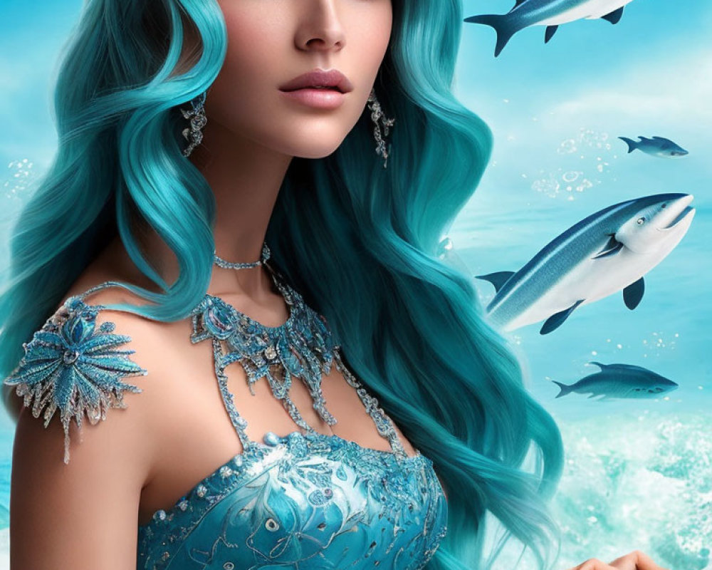 Digital artwork featuring woman with turquoise hair in ornate gown surrounded by fish