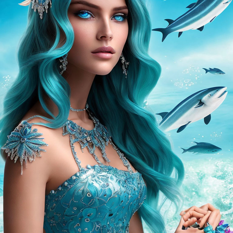 Digital artwork featuring woman with turquoise hair in ornate gown surrounded by fish