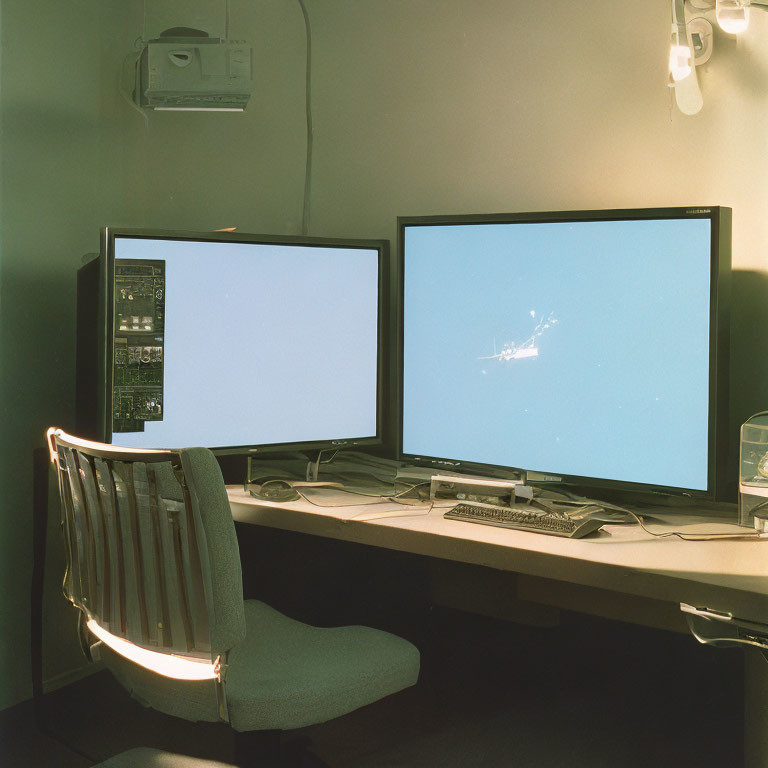 Dimly lit room with office setup: desk, monitors, keyboard, and PC tower