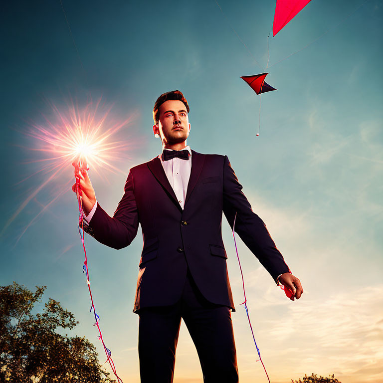 Stylish man with sparkler and kite strings at dusk