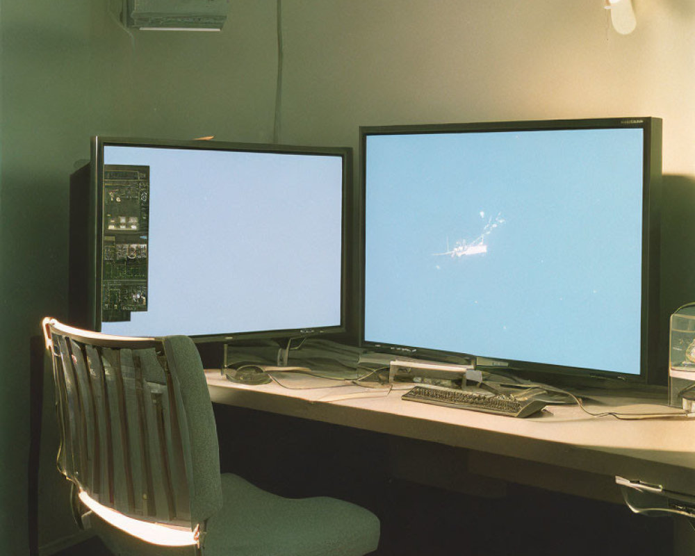 Dimly lit room with office setup: desk, monitors, keyboard, and PC tower