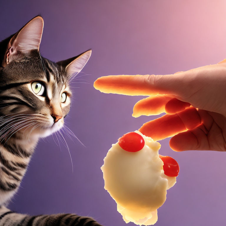 Tabby cat observing floating popcorn and human finger on purple background