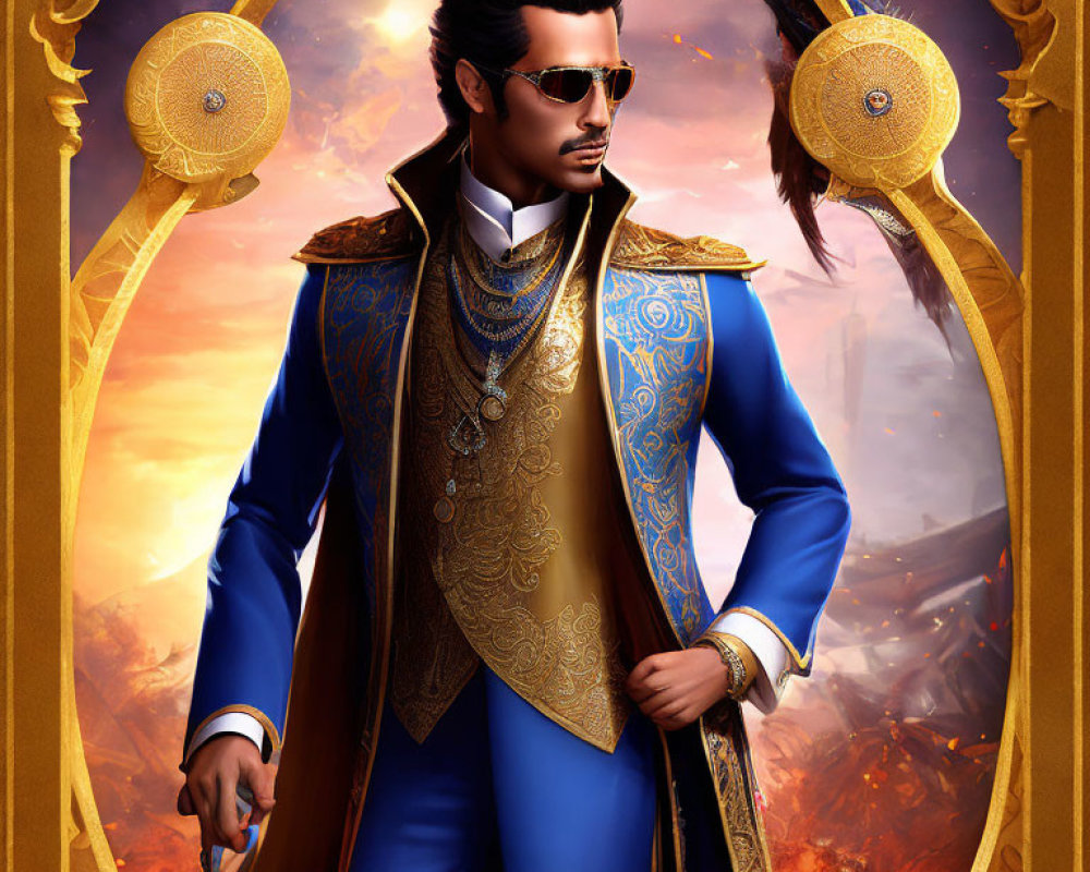 Illustration of nobleman in fantasy setting with blue and gold coat and ornate cane.