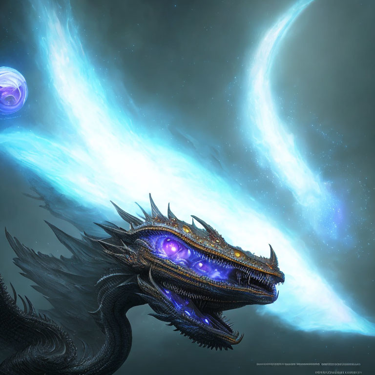 Majestic space dragon with glowing eyes in cosmic scene