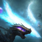 Majestic space dragon with glowing eyes in cosmic scene