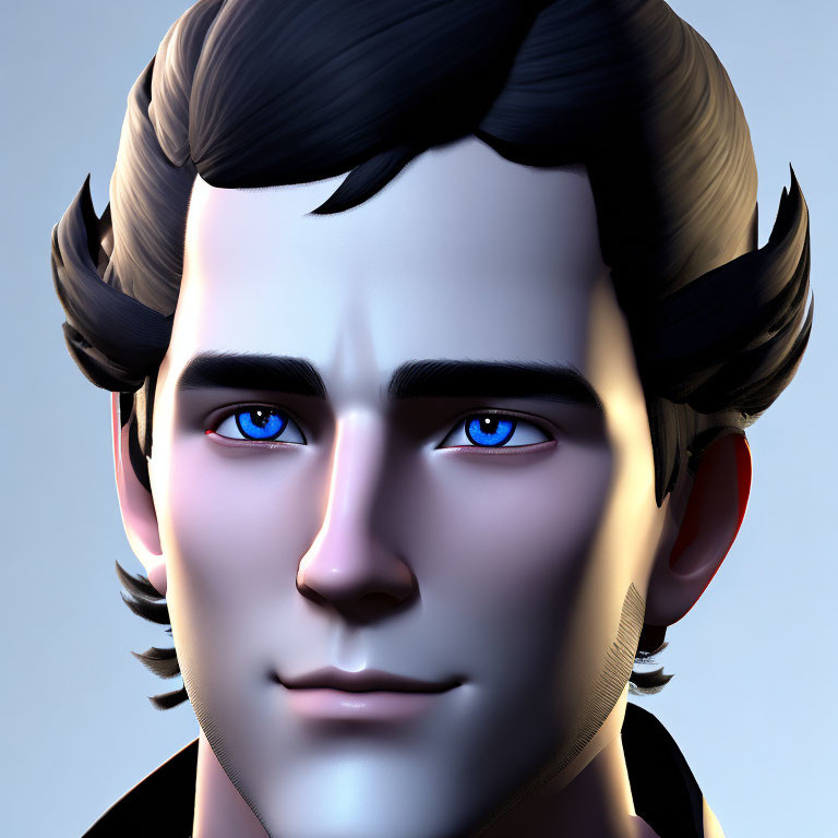 Detailed 3D animated male character with blue eyes and dark hair